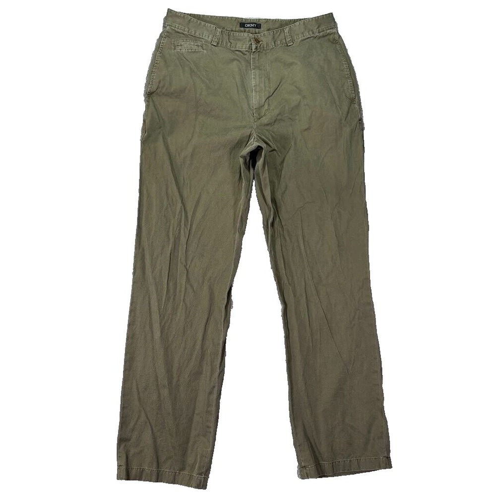 Vintage DKNY Mens Pants Olive Green Size 33 Cotton Chino Dress Slacks Flat Front